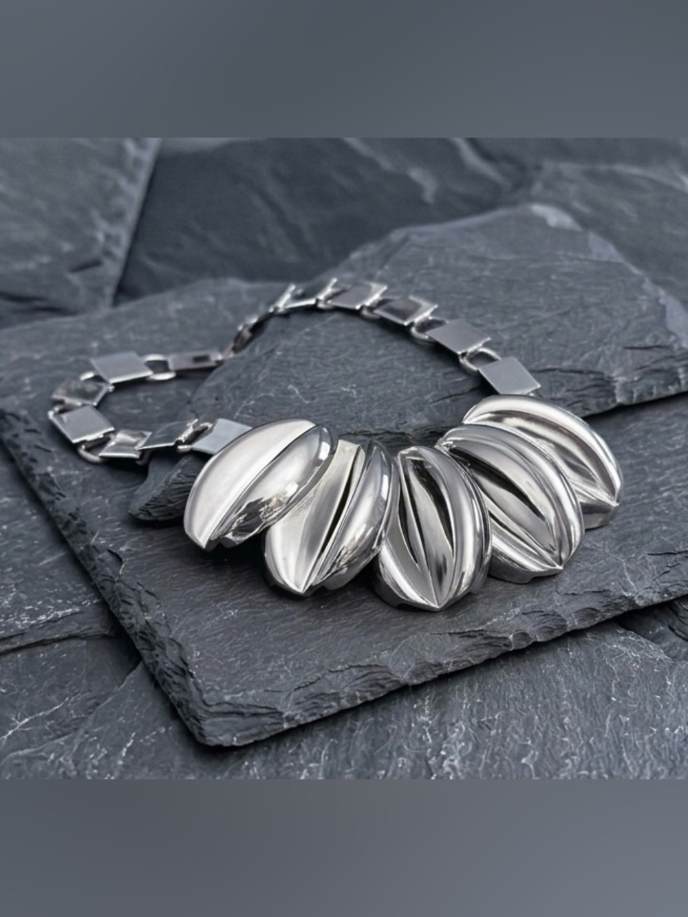 VTG Modernist Unique Shiny Chrome Necklace Chunky Bookchain Statement Tribal - Picture 2 of 4